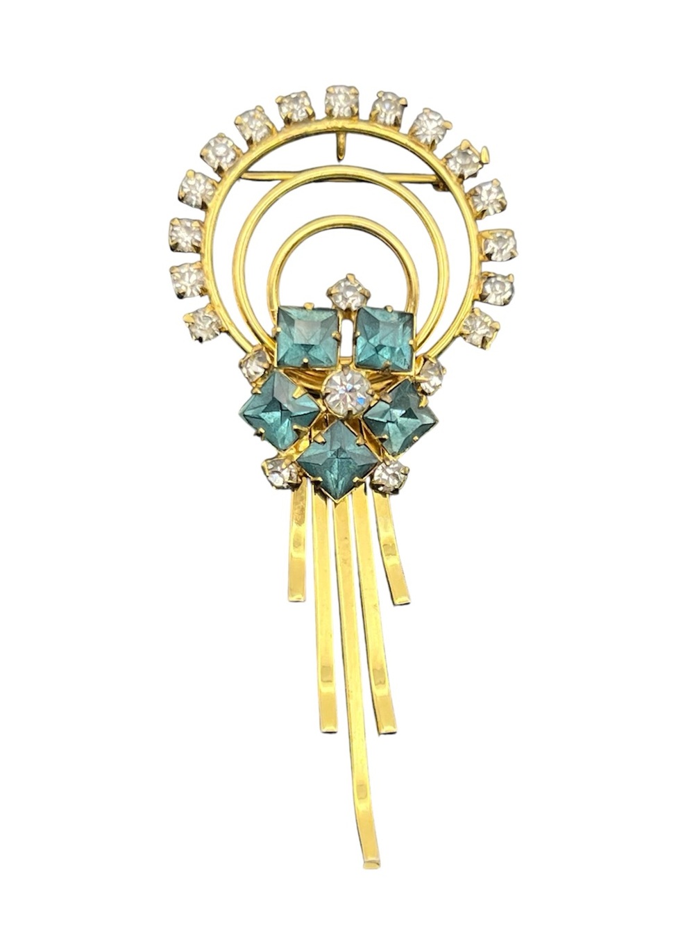 1940s Gold Tone Blue Clear Rhinestone Dangle Brooch Pin Pendant Art Deco style